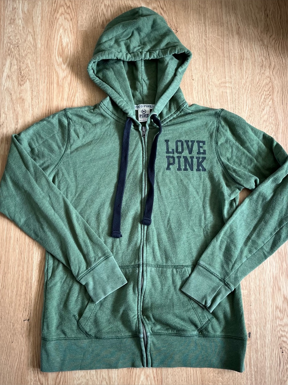 Y2K Style PINK Green Full Zip Hoodie Women’s Size S Hooded Fleece Pockets Logo